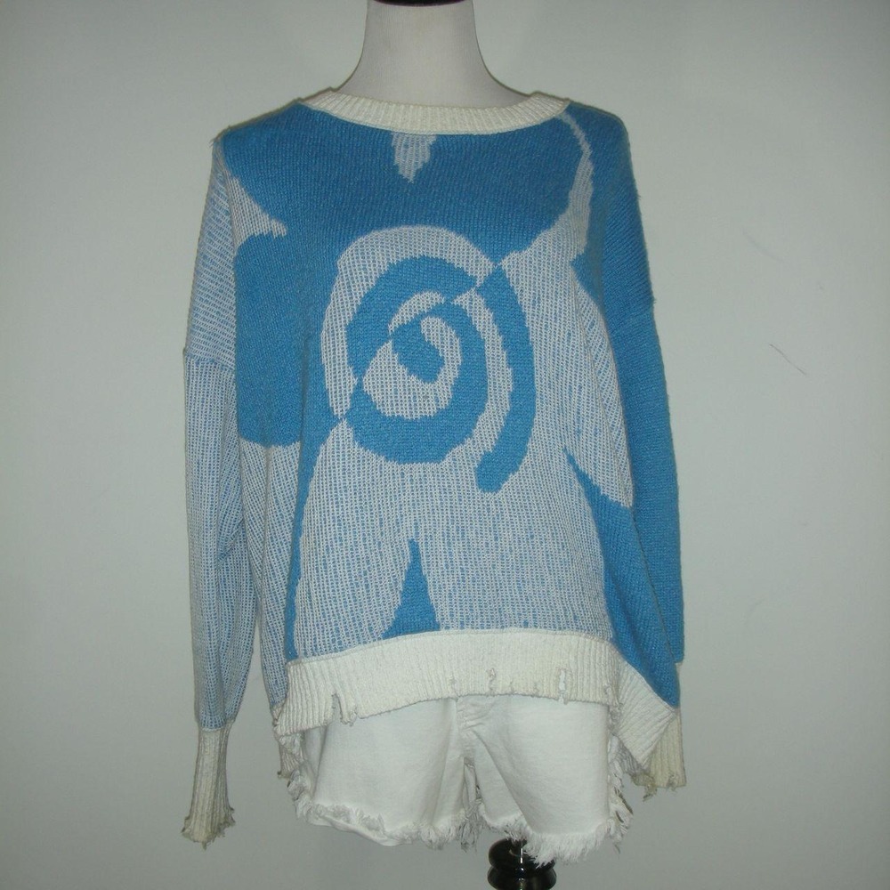 Urban Outfitters Oversized Distressed Blue Floral Knit Sweater Indie Grunge